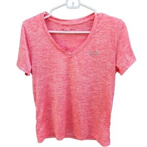 UNDER ARMOUR Women's V-neck Heat gear Size Medium Short Sleeve Pink/White